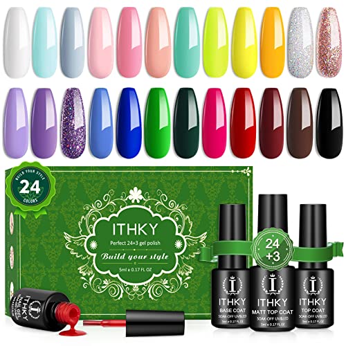 Gel Nail Polish Kit - ITHKY 27 Pcs Soak Off Nail Polish Set Pink Blue Green Y...