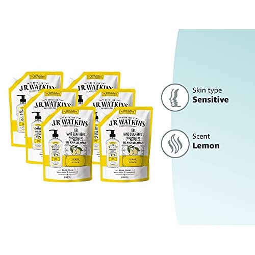 JR Watkins Gel Hand Soap Refill Pouch, Lemon, 6 Pack, Scented Liquid Hand Was...