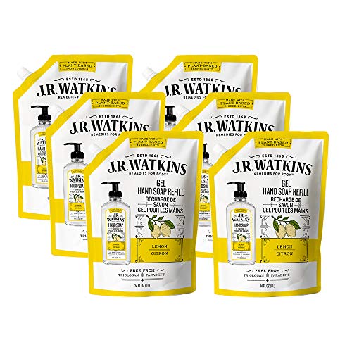 JR Watkins Gel Hand Soap Refill Pouch, Lemon, 6 Pack, Scented Liquid Hand Was...
