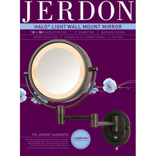 Jerdon HL65BZ 8-Inch Lighted Wall Mount Makeup Mirror with 5x Magnification, ...