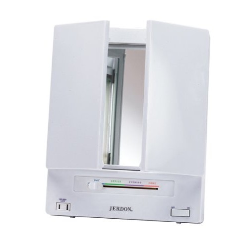 Jerdon Tri-Fold Two-Sided Lighted Makeup Mirror with 5X Magnification, White ...