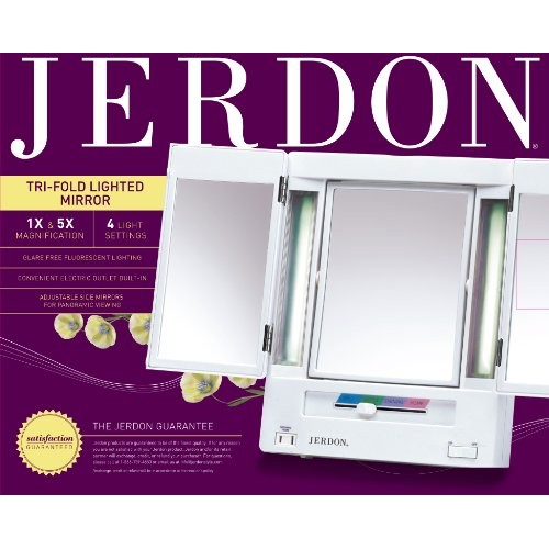 Jerdon Tri-Fold Two-Sided Lighted Makeup Mirror with 5X Magnification, White ...
