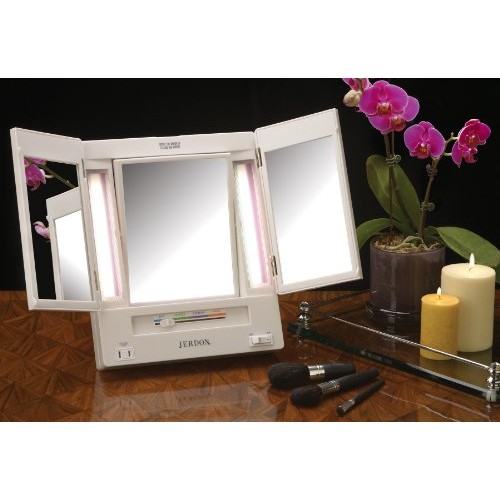 Jerdon Tri-Fold Two-Sided Lighted Makeup Mirror with 5X Magnification, White ...