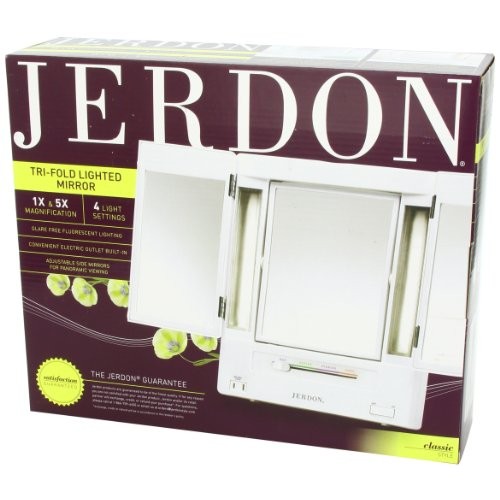 Jerdon Tri-Fold Two-Sided Lighted Makeup Mirror with 5X Magnification, White ...