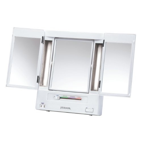 Jerdon Tri-Fold Two-Sided Lighted Makeup Mirror with 5X Magnification, White ...