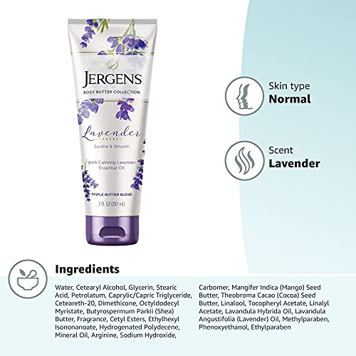 Jergens Lavender Body Butter Body and Hand Lotion, Moisturizer for Women, 7 F...