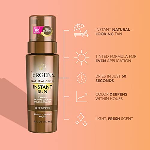 Jergens Natural Glow Instant Self Tanner Mousse, Sunless Deep Bronze Tan, Sun...