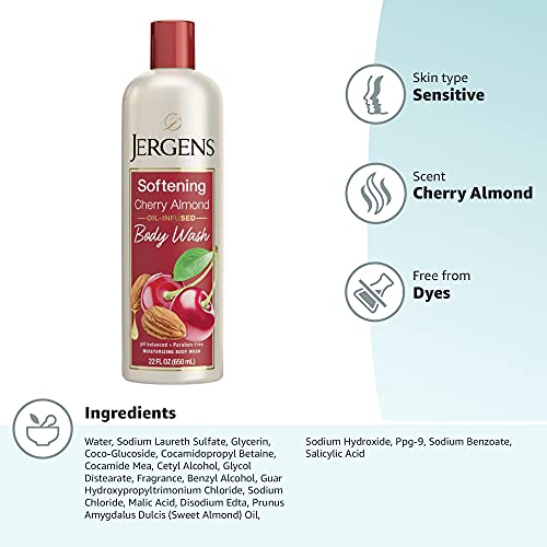 Jergens Softening Cherry Almond Body Wash, Daily Moisturizing Skin Cleanser, ...