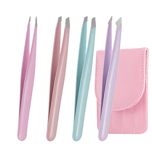 Tweezers Set - 4 Pack, JianQiao Stainless Steel Precision Eyebrow Tweezers Ki...