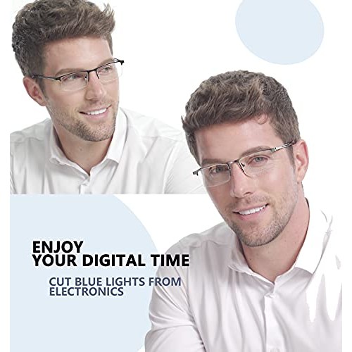 JJWELL 3 Pack Blue Light Reading Glasses for Men, Lightweight Metal Rectangle...