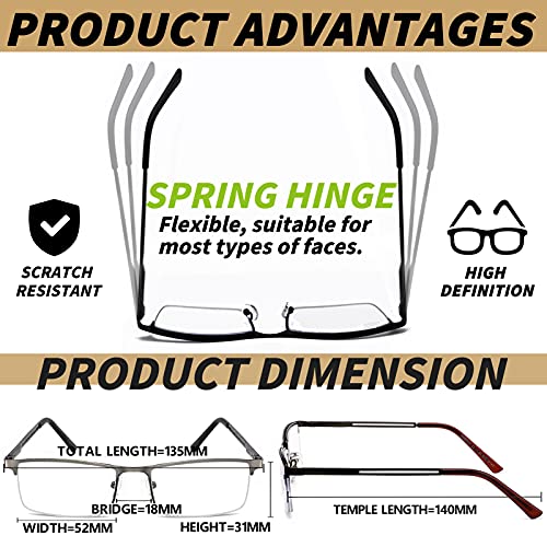 JJWELL 3 Pack Blue Light Reading Glasses for Men, Lightweight Metal Rectangle...