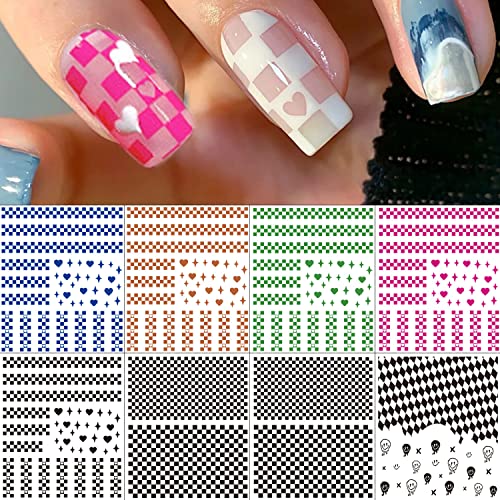 French Checkerboard Nail Art Stickers Decals 8 Sheets 3D Self-Adhesive Pegati...
