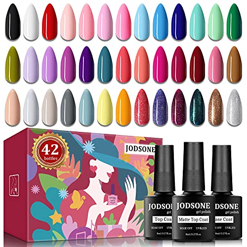 JODSONE 42 Pcs Gel Nail Polish Kit, 39 Colors Gel Polish Soak Off Gel Nail Ki...