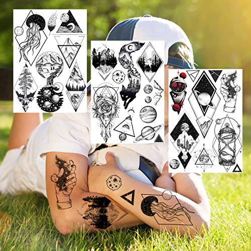 6 Sheets NEZAR Black Outer Space Boys Temporary Tattoos For Kids Child Geomet...