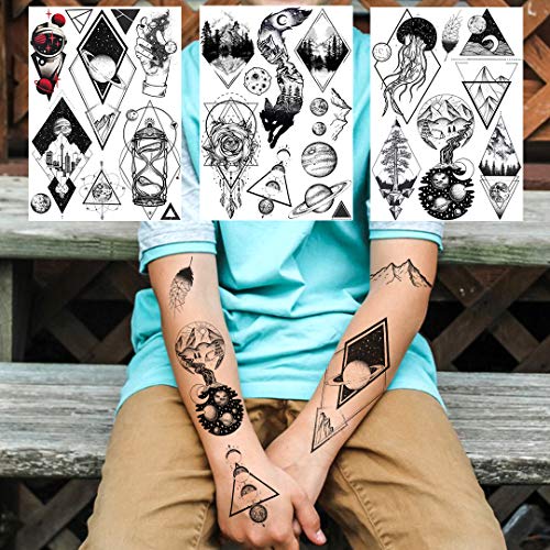 6 Sheets NEZAR Black Outer Space Boys Temporary Tattoos For Kids Child Geomet...
