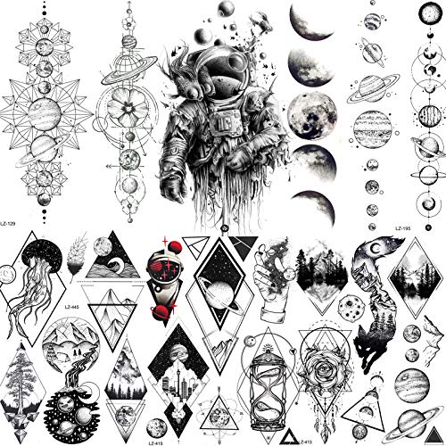 6 Sheets NEZAR Black Outer Space Boys Temporary Tattoos For Kids Child Geomet...