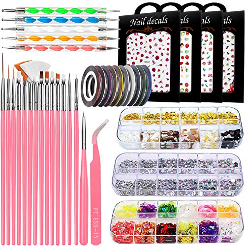 JOYJULY Nail Art Brushes Kit Nail Dotting Tools,Crystals Glass AB Nail Art Rh...