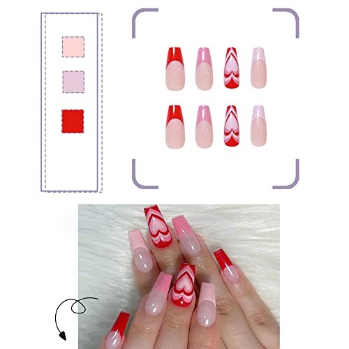 Valentine's Day Press on Nails Medium Length, French Nail Tips, Glue on Nails...