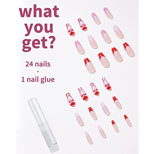 Valentine's Day Press on Nails Medium Length, French Nail Tips, Glue on Nails...