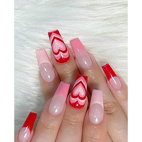 Valentine's Day Press on Nails Medium Length, French Nail Tips, Glue on Nails...