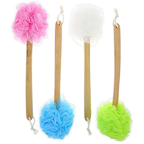 Long Handled Loofah on a Stick Body Back Scrubber, Bath Sponge (4 Colors, 4 P...