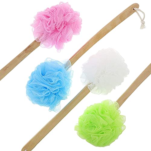 Long Handled Loofah on a Stick Body Back Scrubber, Bath Sponge (4 Colors, 4 P...