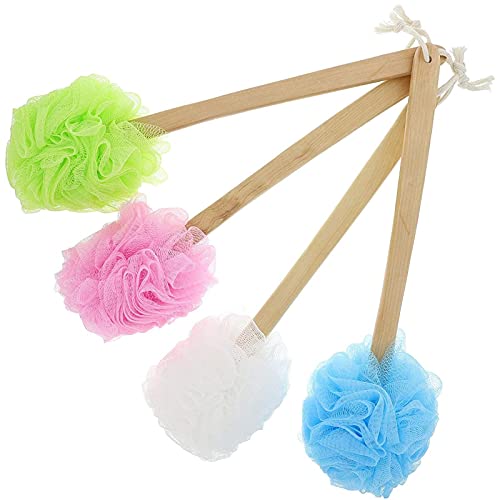 Long Handled Loofah on a Stick Body Back Scrubber, Bath Sponge (4 Colors, 4 P...