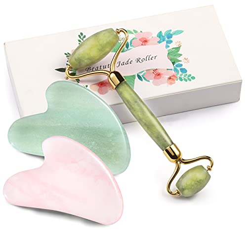 Jade Roller & Gua Sha Set, 2 Packs Jade Gua Sha Facial Tools with Face Roller...