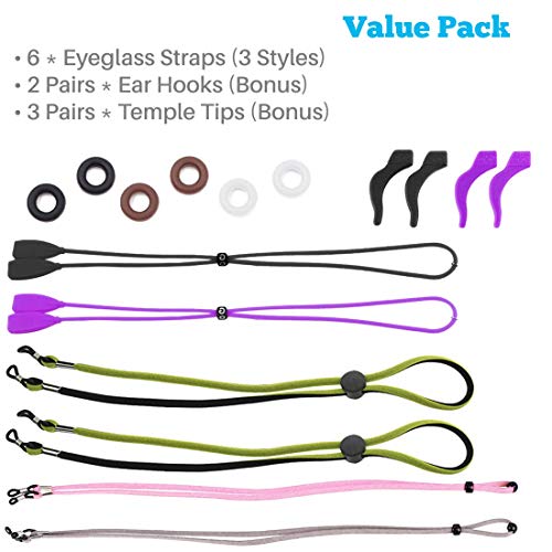 Kalevel 6pcs Eyeglass Holder Strap 3 Styles Adjustable Leather Eyewear Retain...