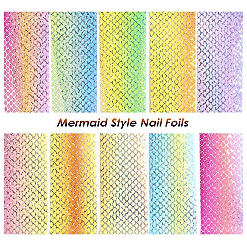Kalolary 10 Sheets Mermaid Nail Foil Transfer Stickers, Holographic Gradient ...