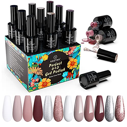 Gel Nail Polish Kit, Kastiny 9Pcs Champagne Gold Soak Off Gel Nail Collection...