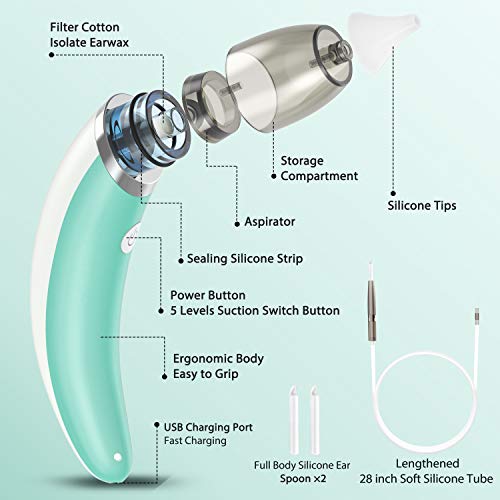 Ear-Wax-Vacuum-Removal, Ear Wax Sucker 5 Levels of Suction Strong Electric Ea...