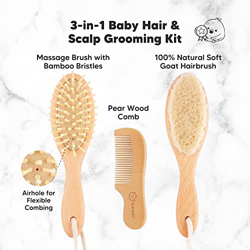 Baby Hair Brush and Comb Set for Newborn - Natural Wooden Hairbrush with Soft...