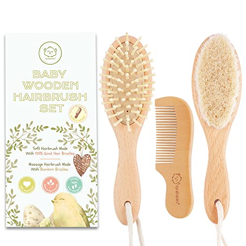 Baby Hair Brush and Comb Set for Newborn - Natural Wooden Hairbrush with Soft...