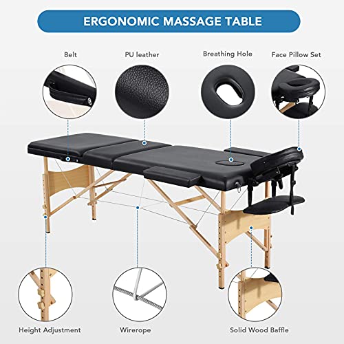 Massage Table Spa Bed Portable 3 Sections Wooden Legs with Face Hole Carrying...