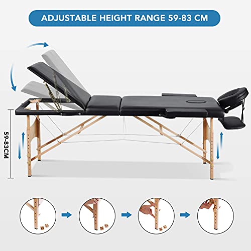 Massage Table Spa Bed Portable 3 Sections Wooden Legs with Face Hole Carrying...