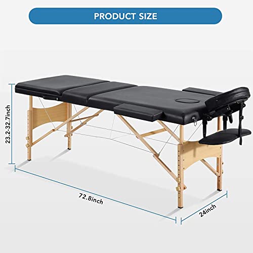 Massage Table Spa Bed Portable 3 Sections Wooden Legs with Face Hole Carrying...