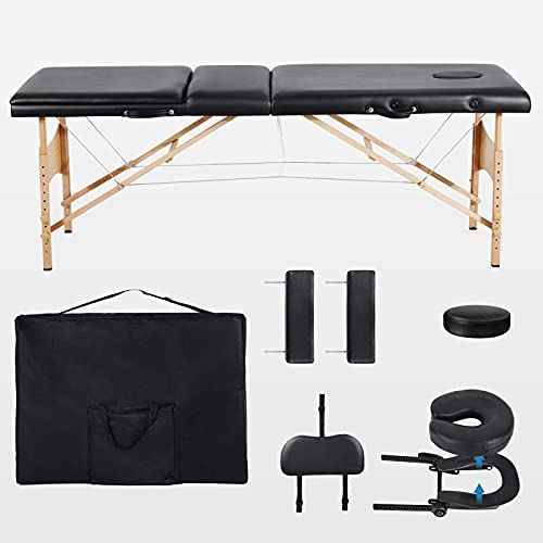 Massage Table Spa Bed Portable 3 Sections Wooden Legs with Face Hole Carrying...