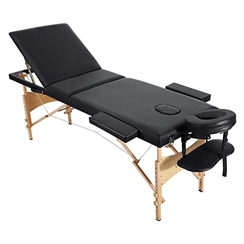 Massage Table Spa Bed Portable 3 Sections Wooden Legs with Face Hole Carrying...
