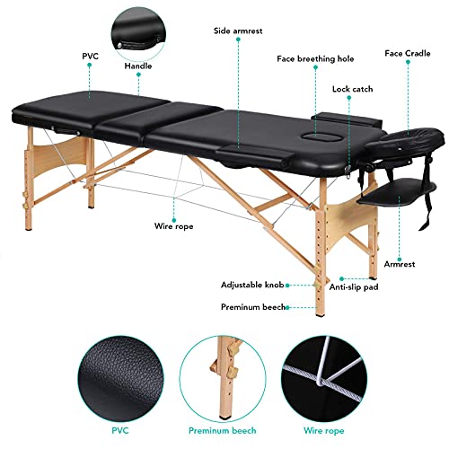 Portable Massage Table Professional Adjustable Folding Bed with 3 Sections Wo...