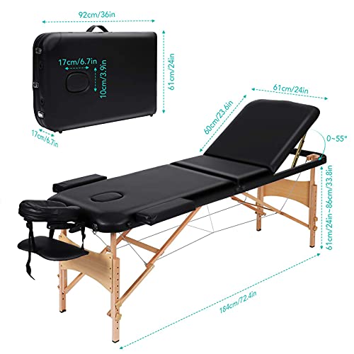 Portable Massage Table Professional Adjustable Folding Bed with 3 Sections Wo...