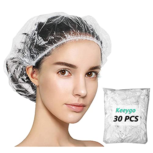 Keeygo Disposable Shower Caps 30PCS,Thicker Waterproof Plastic Hair Head Cove...