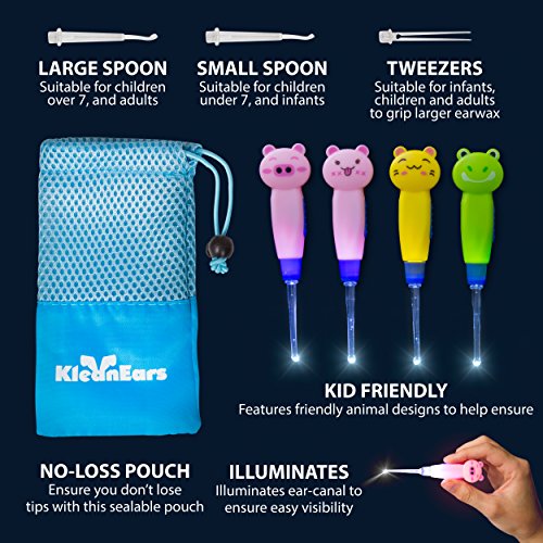 KleanEars Kids Earwax Remover Tool Baby Safe 4 Pcs LED Lighting Ear Pick Spoo...