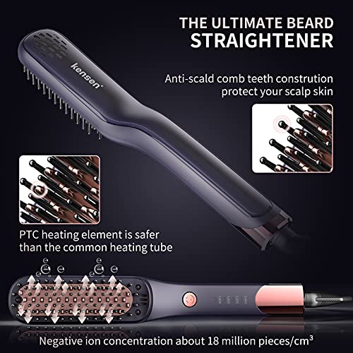 Beard Straightener for Men, KENSEN Ionic Heated Beard Brush Anti-Scald Hair S...