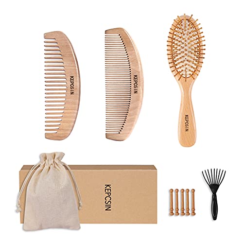 3PCS Wooden Hair Brush Wooden Comb for Women, Wood Comb Wood Brush Comb Wood ...