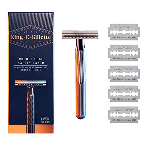 King C. Gillette Double Edge Safety Razor Chrome Plated Handle with 5 pack Pl...