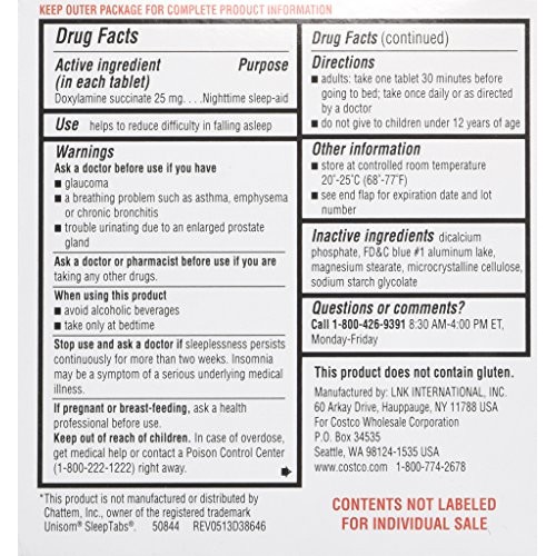 Kirkland Signature Sleep Aid Doxylamine Succinate 25 Mg, 2 pack (192 Tablets)