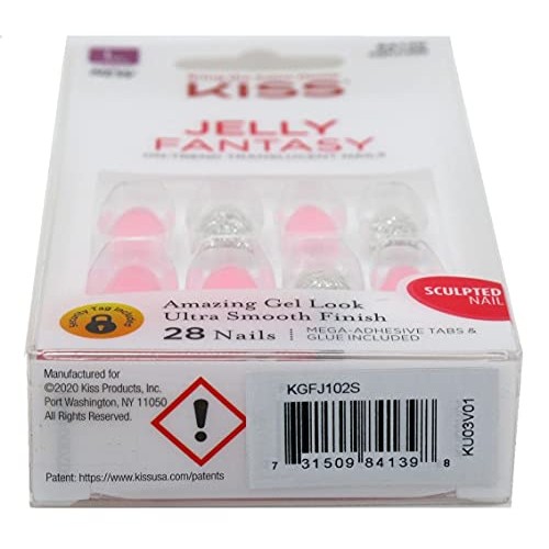 Kiss Jelly Fantasy 28 Count Pink/Silver Glitter Long Length (Pack of 3)