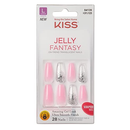 Kiss Jelly Fantasy 28 Count Pink/Silver Glitter Long Length (Pack of 3)