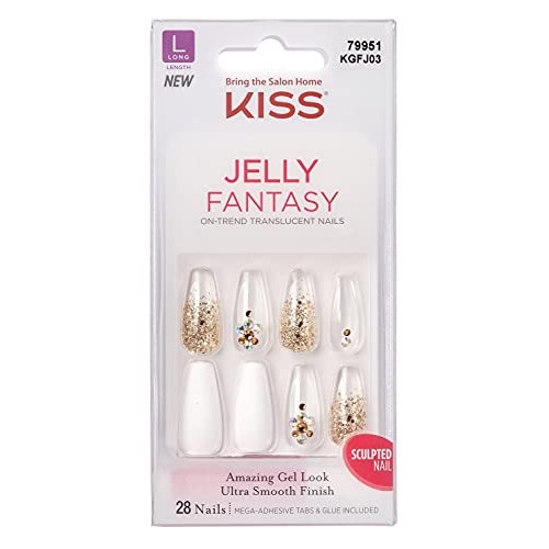 Kiss Jelly Fantasy 28 Count White/Gold Glitter Long Length (Pack of 2)